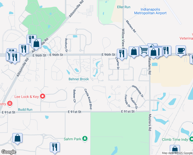 map of restaurants, bars, coffee shops, grocery stores, and more near 6488 Watham Court in Indianapolis