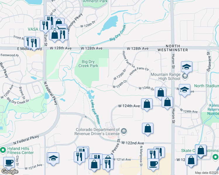 map of restaurants, bars, coffee shops, grocery stores, and more near 1164 West 124th Court in Westminster