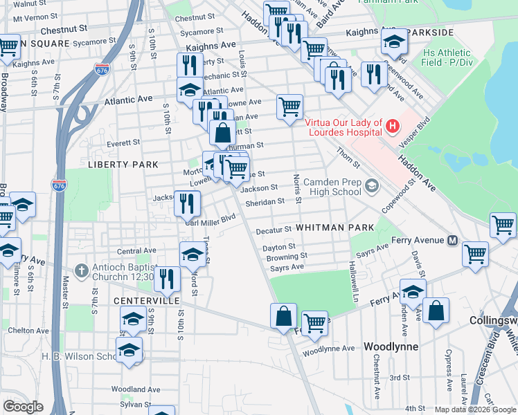map of restaurants, bars, coffee shops, grocery stores, and more near 1229 Carl Miller Boulevard in Camden