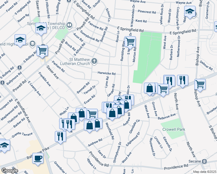 map of restaurants, bars, coffee shops, grocery stores, and more near 339 Lynn Road in Springfield