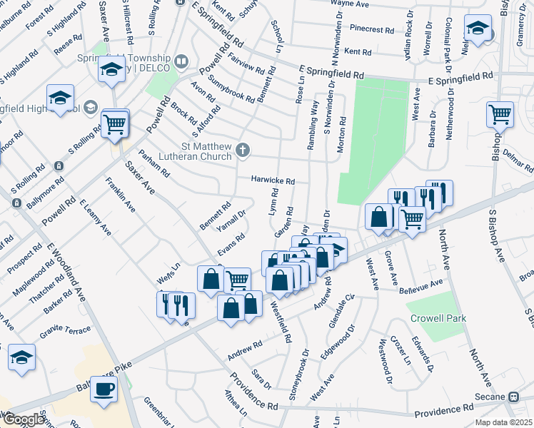 map of restaurants, bars, coffee shops, grocery stores, and more near 342 Lynn Road in Springfield