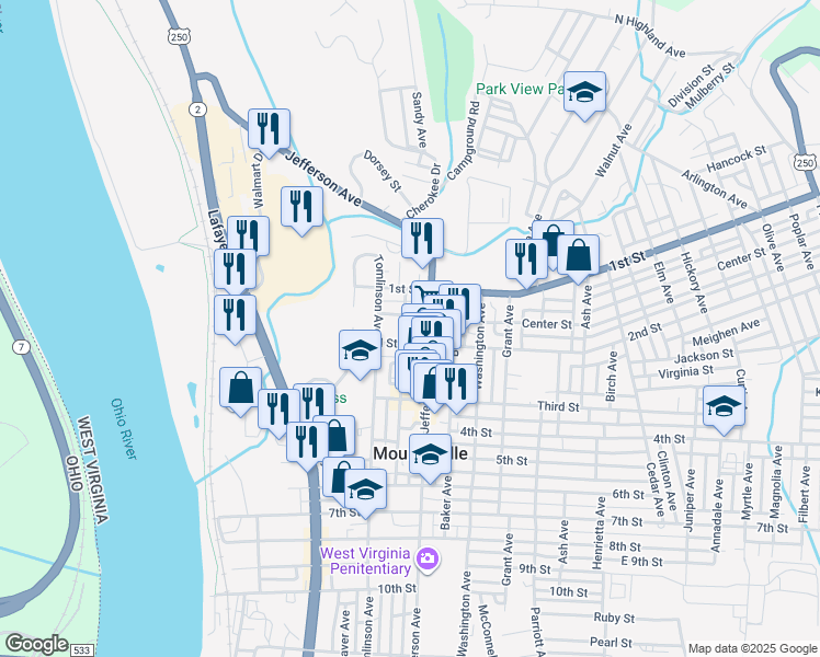 map of restaurants, bars, coffee shops, grocery stores, and more near 120 Morton Ave in Moundsville