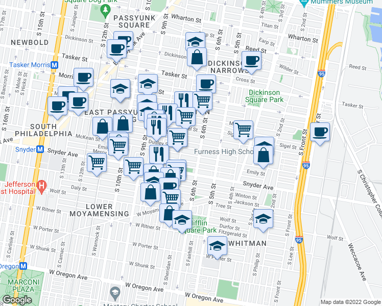 map of restaurants, bars, coffee shops, grocery stores, and more near 615 McKean Street in Philadelphia