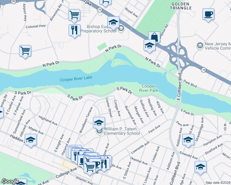 map of restaurants, bars, coffee shops, grocery stores, and more near 225 South Park Drive in Collingswood