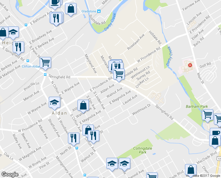 map of restaurants, bars, coffee shops, grocery stores, and more near 408 Aldan Avenue in Aldan