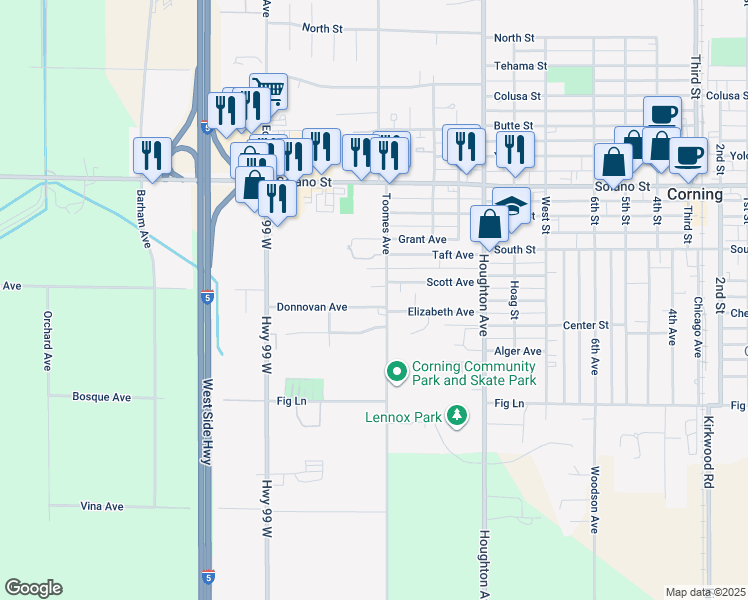 map of restaurants, bars, coffee shops, grocery stores, and more near 2018 Donnovan Avenue in Corning