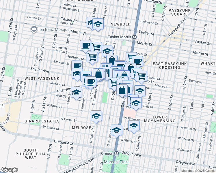 map of restaurants, bars, coffee shops, grocery stores, and more near 2131 South Mole Street in Philadelphia