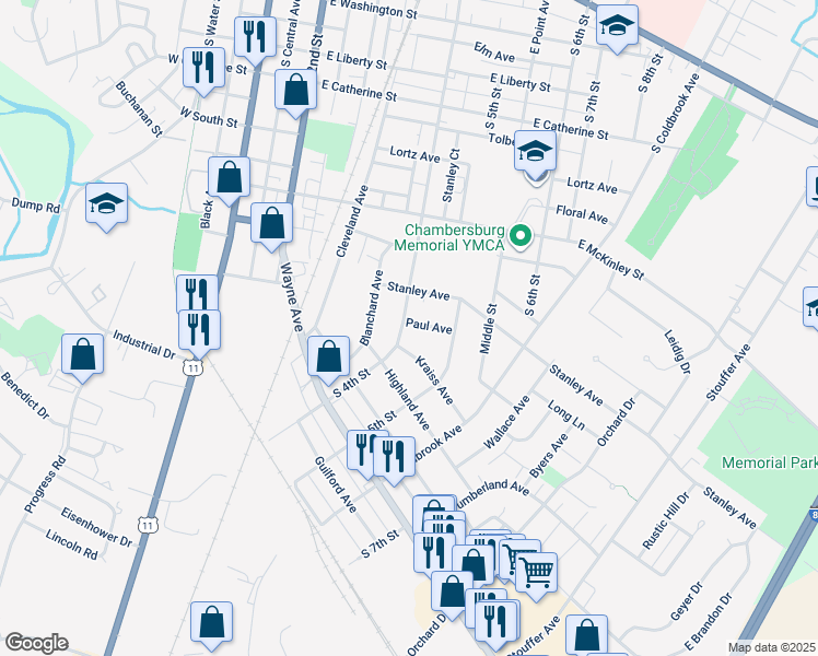 map of restaurants, bars, coffee shops, grocery stores, and more near 906 South 4th Street in Chambersburg