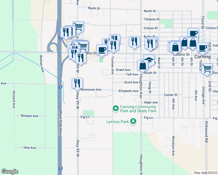 map of restaurants, bars, coffee shops, grocery stores, and more near 2018 Donnovan Avenue in Corning