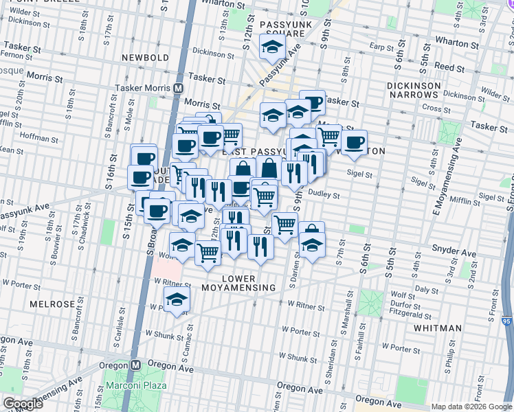 map of restaurants, bars, coffee shops, grocery stores, and more near 1018 Mercy Street in Philadelphia