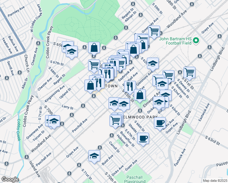 map of restaurants, bars, coffee shops, grocery stores, and more near 6529 Paschall Avenue in Philadelphia
