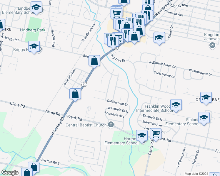 map of restaurants, bars, coffee shops, grocery stores, and more near 1574 Autumn Village Drive in Columbus
