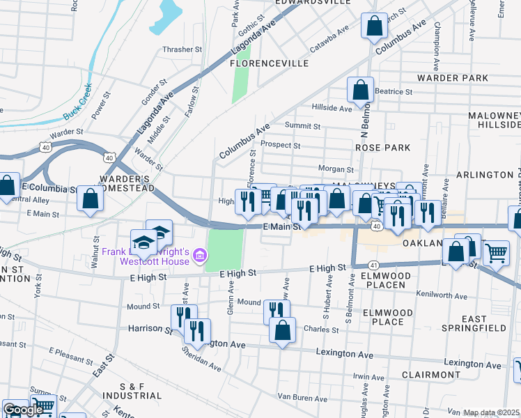 map of restaurants, bars, coffee shops, grocery stores, and more near 1567 Highland Ave in Springfield