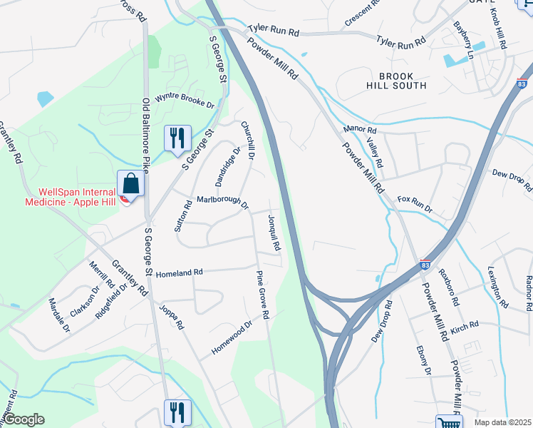 map of restaurants, bars, coffee shops, grocery stores, and more near 2305 Jonquil Road in York