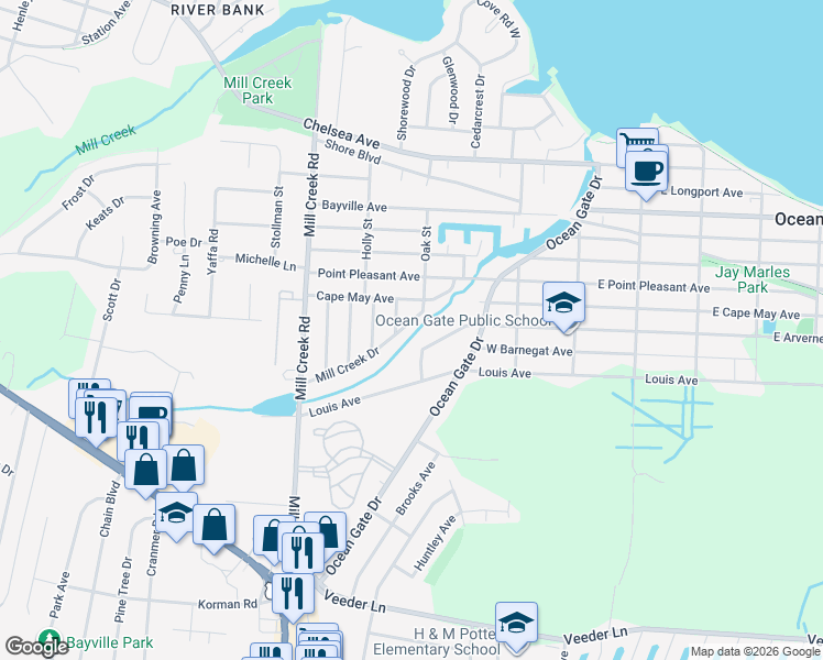 map of restaurants, bars, coffee shops, grocery stores, and more near 236 Mill Creek Drive in Berkeley Township