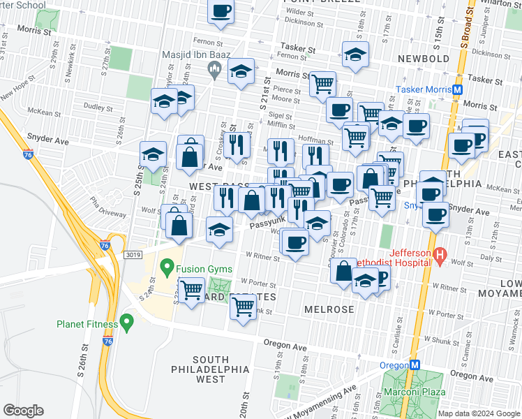 map of restaurants, bars, coffee shops, grocery stores, and more near 2213 South Lambert Street in Philadelphia