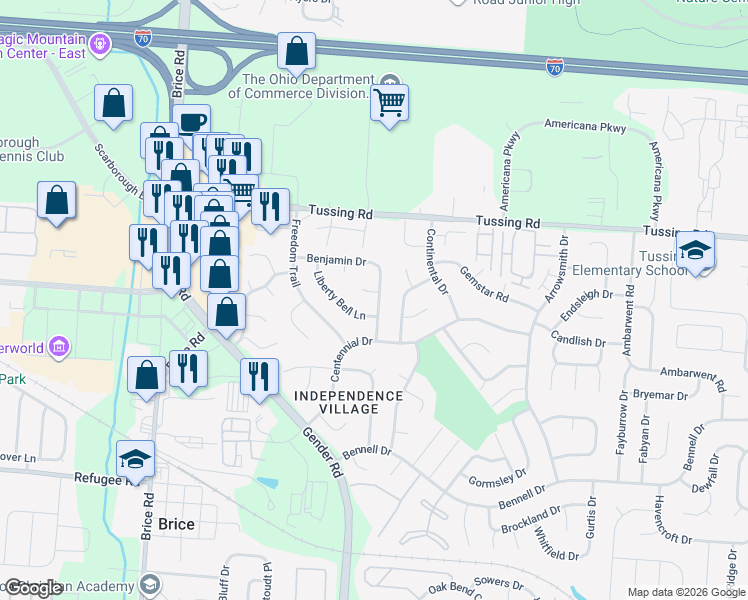 map of restaurants, bars, coffee shops, grocery stores, and more near 2871 Yankee Doodle Drive in Reynoldsburg
