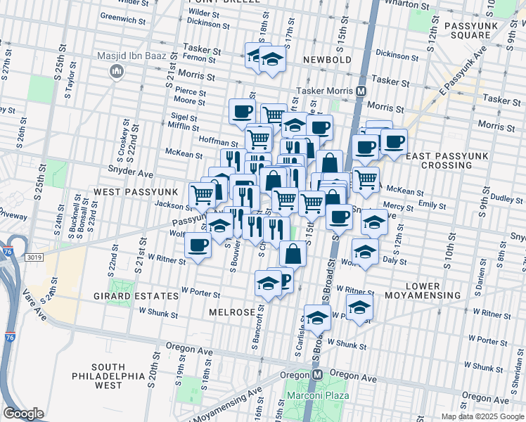 map of restaurants, bars, coffee shops, grocery stores, and more near 2129 South 17th Street in Philadelphia