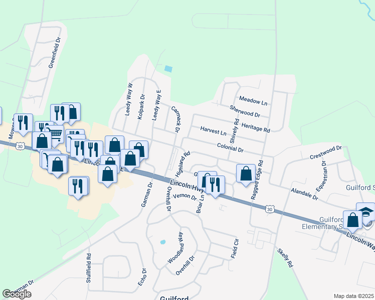 map of restaurants, bars, coffee shops, grocery stores, and more near 141 Highland Road in Chambersburg