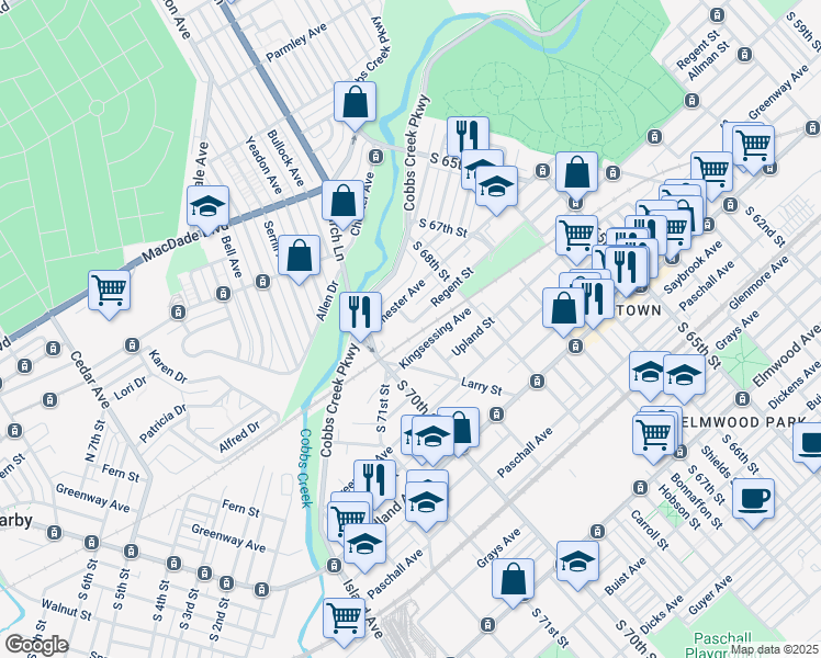 map of restaurants, bars, coffee shops, grocery stores, and more near 6900 Regent Street in Philadelphia