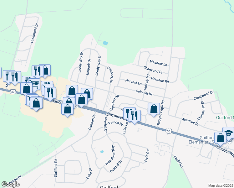 map of restaurants, bars, coffee shops, grocery stores, and more near 141 Highland Road in Chambersburg