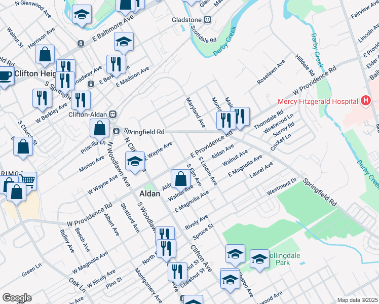 map of restaurants, bars, coffee shops, grocery stores, and more near 211 East Providence Road in Aldan