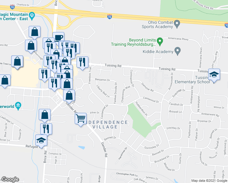 map of restaurants, bars, coffee shops, grocery stores, and more near 2871 Yankee Doodle Drive in Reynoldsburg