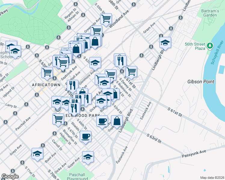 map of restaurants, bars, coffee shops, grocery stores, and more near 2522 South Felton Street in Philadelphia