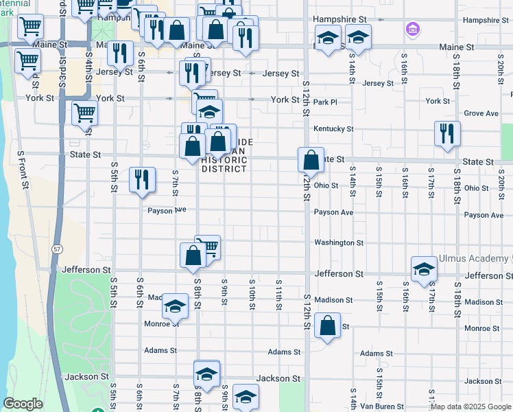 map of restaurants, bars, coffee shops, grocery stores, and more near 1005 Payson Avenue in Quincy