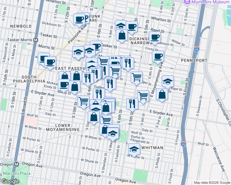 map of restaurants, bars, coffee shops, grocery stores, and more near in Philadelphia