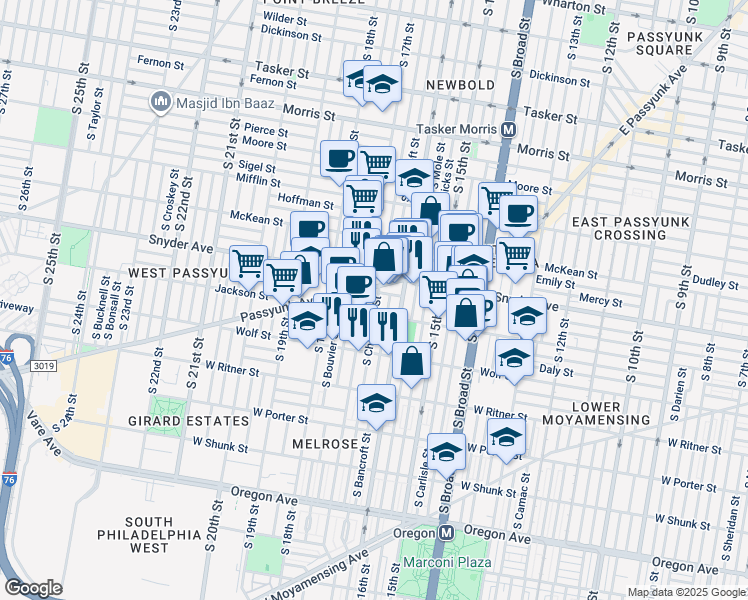 map of restaurants, bars, coffee shops, grocery stores, and more near 2128 South Chadwick Street in Philadelphia