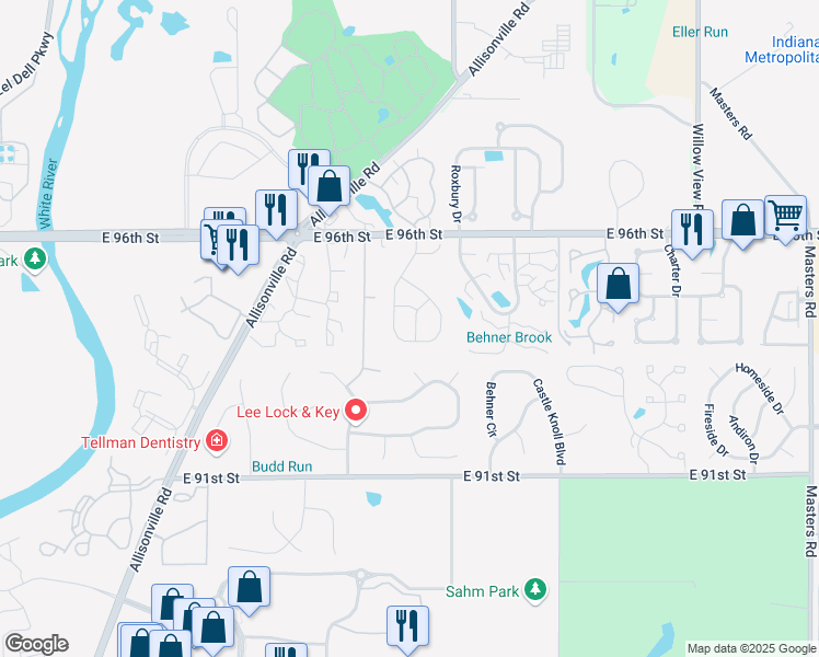 map of restaurants, bars, coffee shops, grocery stores, and more near 6102 Aspen Grove Drive in Indianapolis