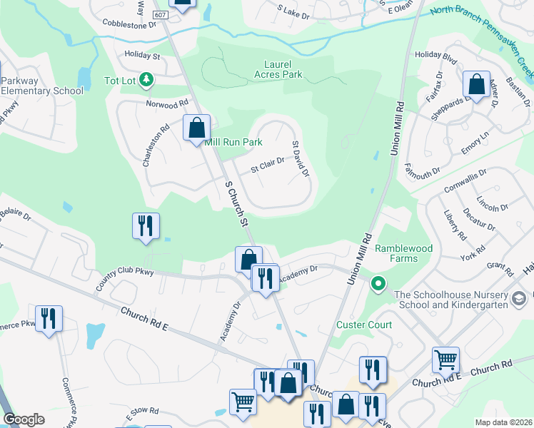map of restaurants, bars, coffee shops, grocery stores, and more near 284 Saint David Drive in Mount Laurel Township