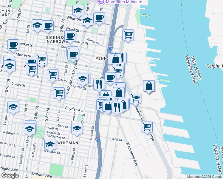 map of restaurants, bars, coffee shops, grocery stores, and more near 1870-1898 S Swanson St in Philadelphia