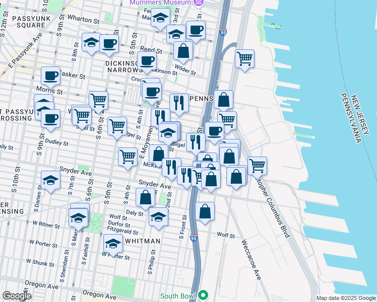 map of restaurants, bars, coffee shops, grocery stores, and more near 120 Mifflin Street in Philadelphia