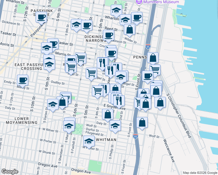 map of restaurants, bars, coffee shops, grocery stores, and more near 1923 South Galloway Street in Philadelphia
