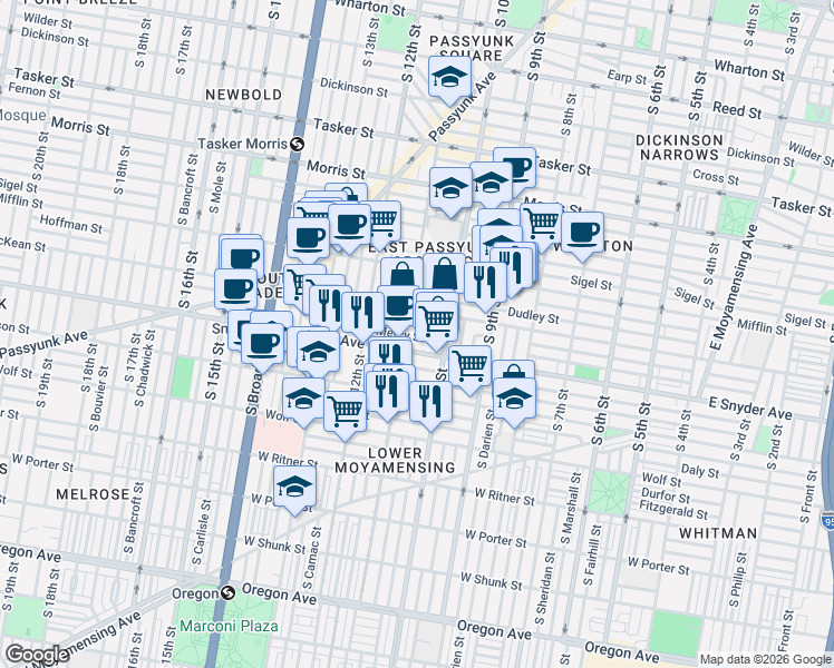 map of restaurants, bars, coffee shops, grocery stores, and more near in Philadelphia