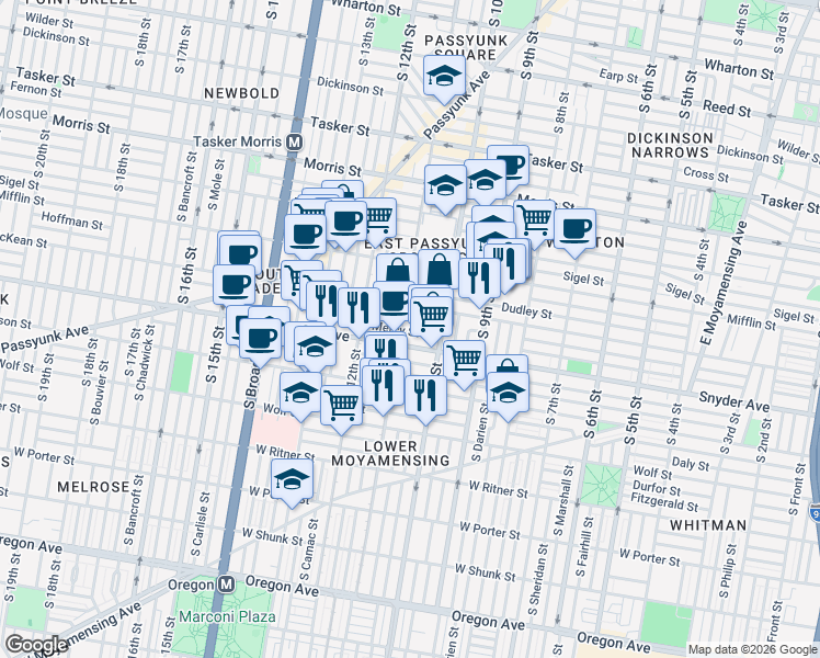 map of restaurants, bars, coffee shops, grocery stores, and more near 1018 Mercy Street in Philadelphia