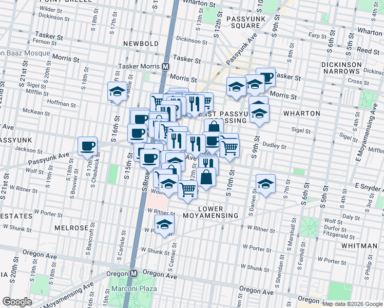map of restaurants, bars, coffee shops, grocery stores, and more near 1215 Snyder Avenue in Philadelphia