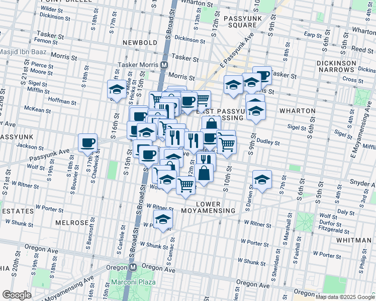 map of restaurants, bars, coffee shops, grocery stores, and more near 1215 Snyder Avenue in Philadelphia