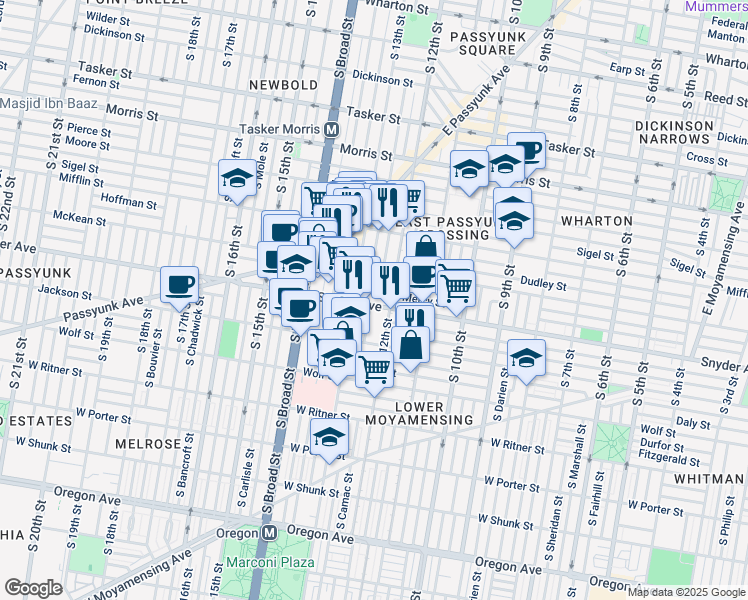 map of restaurants, bars, coffee shops, grocery stores, and more near 1215 Snyder Avenue in Philadelphia