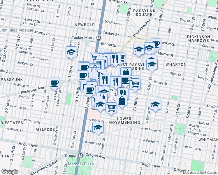 map of restaurants, bars, coffee shops, grocery stores, and more near 1215 Snyder Avenue in Philadelphia