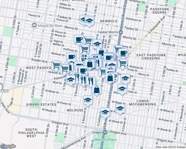 map of restaurants, bars, coffee shops, grocery stores, and more near 2122 South 16th Street in Philadelphia