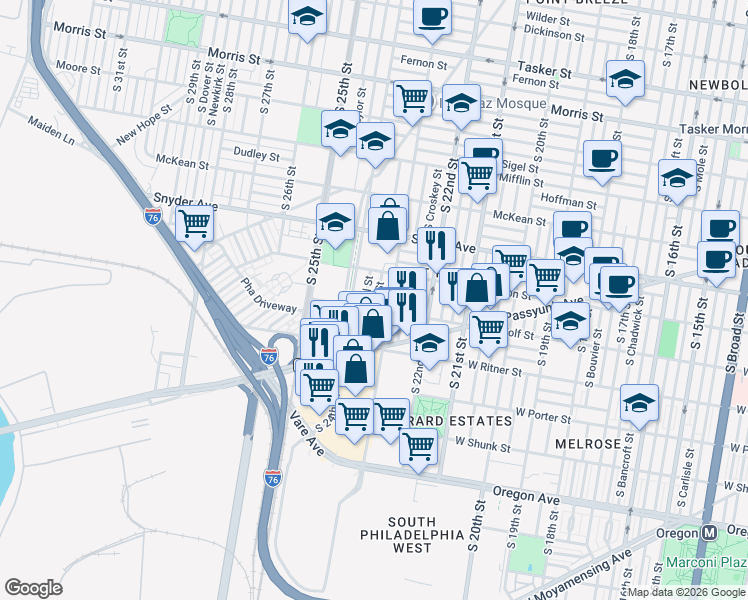 map of restaurants, bars, coffee shops, grocery stores, and more near 2255 South Bucknell Street in Philadelphia