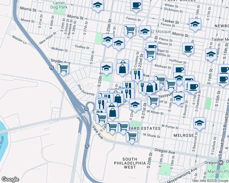 map of restaurants, bars, coffee shops, grocery stores, and more near 2255 South Bucknell Street in Philadelphia
