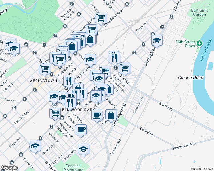 map of restaurants, bars, coffee shops, grocery stores, and more near 2522 South Felton Street in Philadelphia