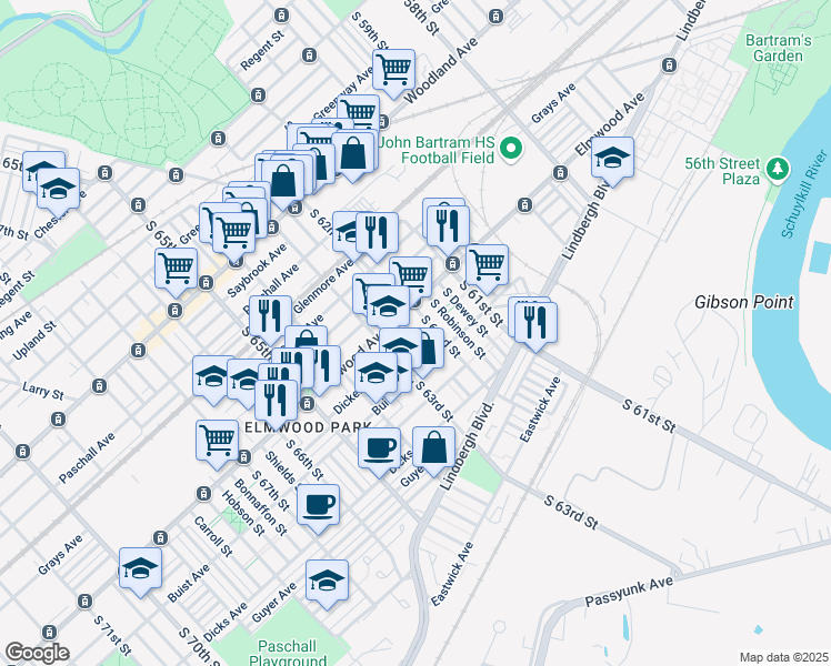 map of restaurants, bars, coffee shops, grocery stores, and more near 2522 South Felton Street in Philadelphia