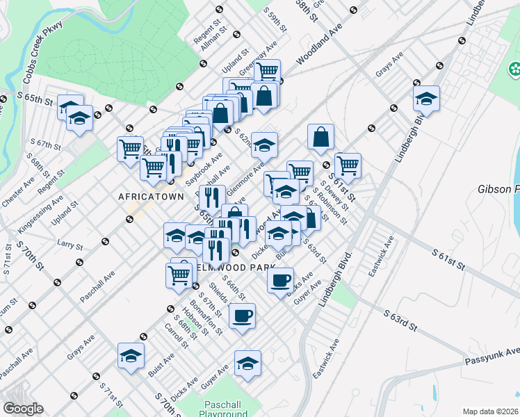 map of restaurants, bars, coffee shops, grocery stores, and more near 6344 Wheeler Street in Philadelphia