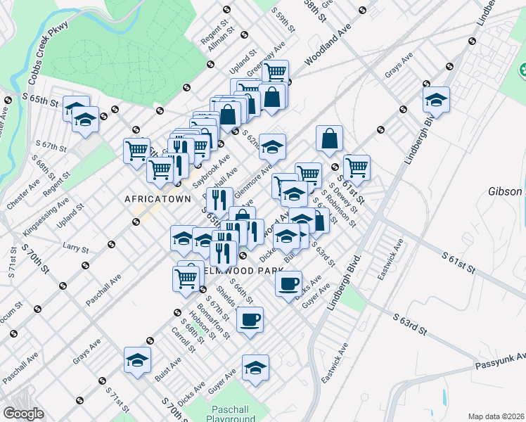 map of restaurants, bars, coffee shops, grocery stores, and more near 6344 Wheeler Street in Philadelphia