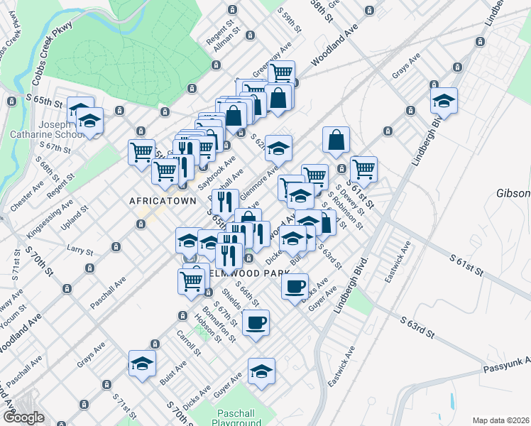 map of restaurants, bars, coffee shops, grocery stores, and more near 6344 Wheeler Street in Philadelphia